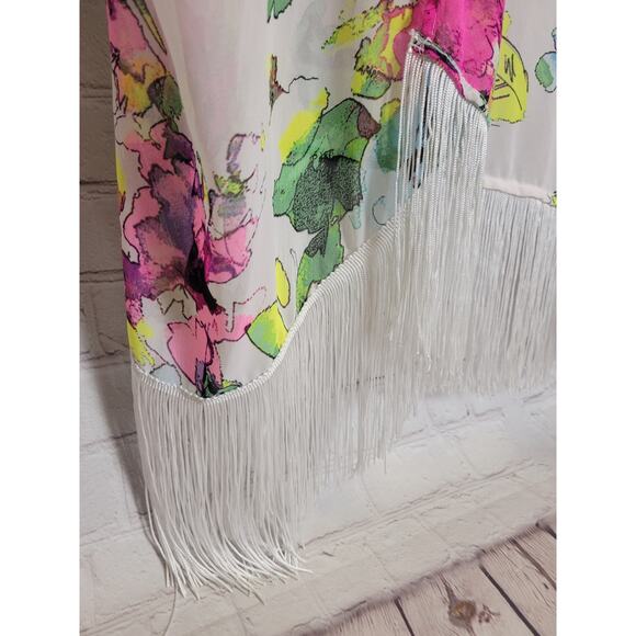 OP Ocean Pacific Swim Suit Cover Up Kimono Floral Sheer with Fringe Womens Small - Picture 3 of 4